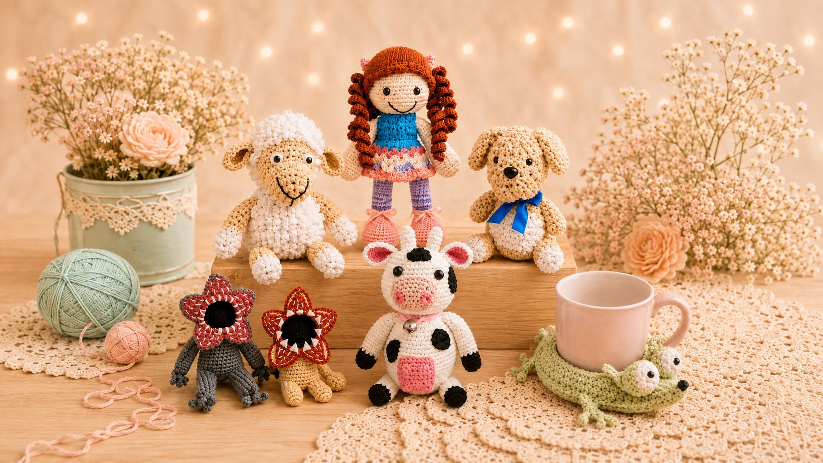 Muñecos y amigurumis tejidos al crochet por Patilu, en madera junto a flores secas